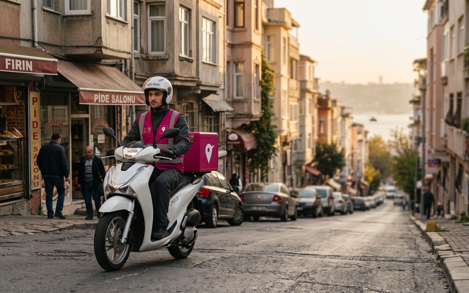 Akşamüstü bir İstanbul sokağında, arkasında fuşya Kolibri kutusu olan scooterlı kurye