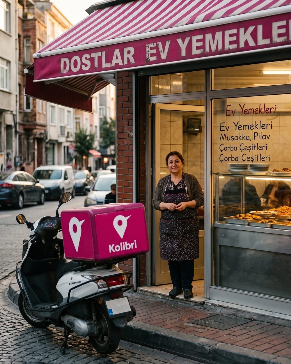 Esnaf lokantası sahibi dükkânının kapısında, önünde Kolibri kutulu kurye scooterı