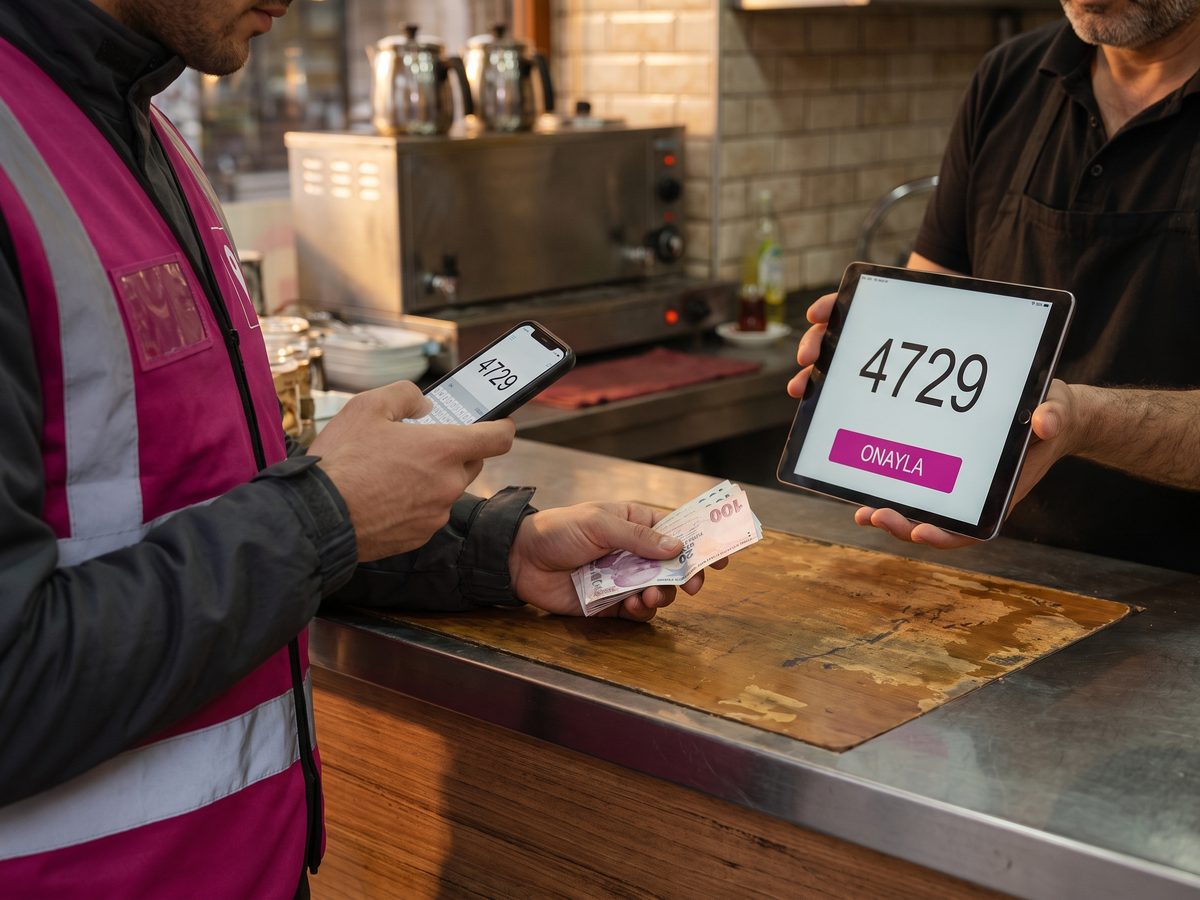 Kurye, restoranın tabletindeki kodu telefonuna girerek nakdi teslim ediyor