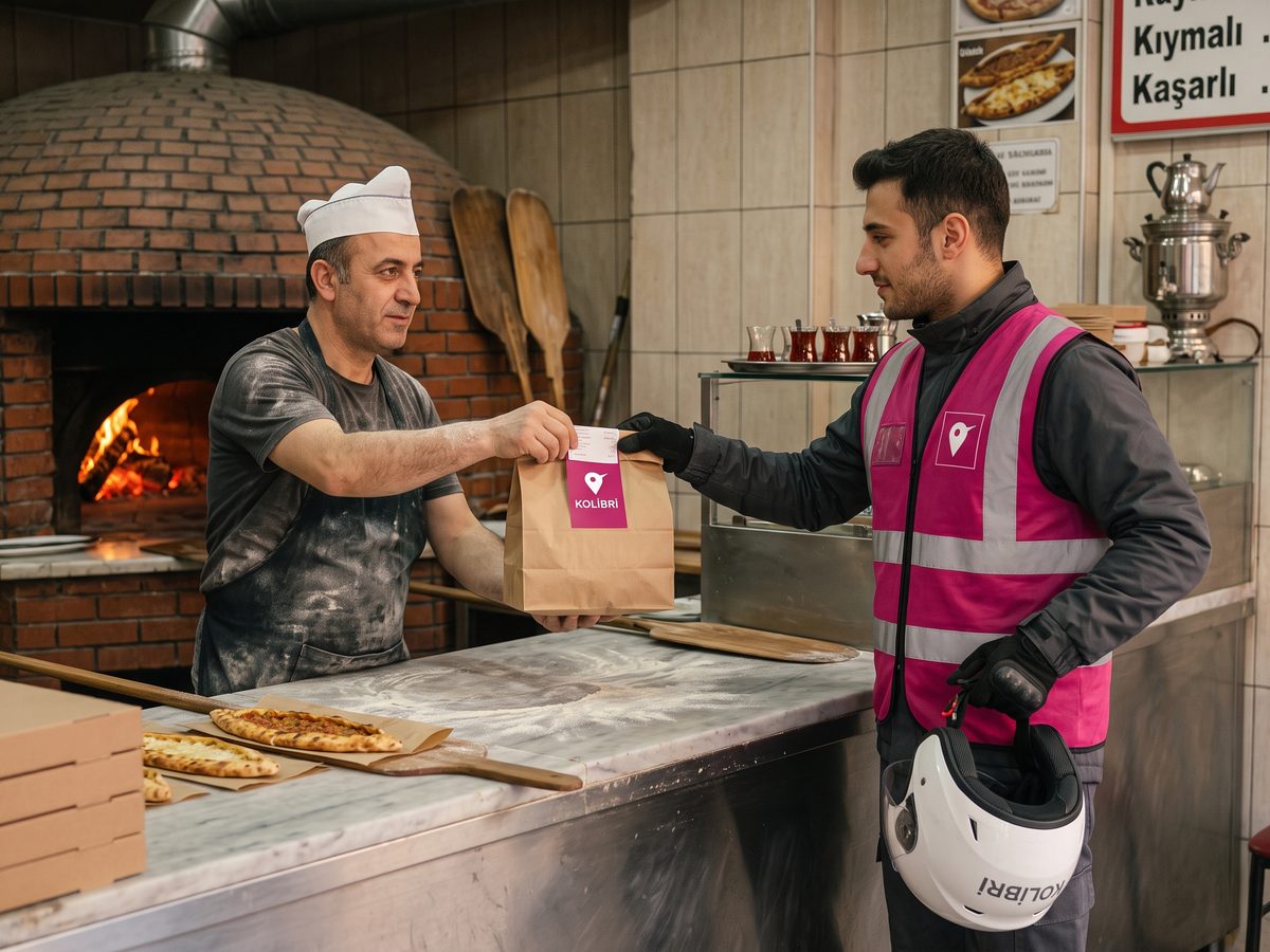 Pide salonunda usta, paketlenmiş siparişi Kolibri kuryesine uzatıyor