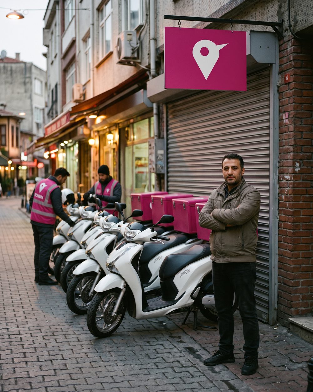 Kurye şirketi sahibi garajının önünde, arkasında Kolibri kutulu scooterlar
