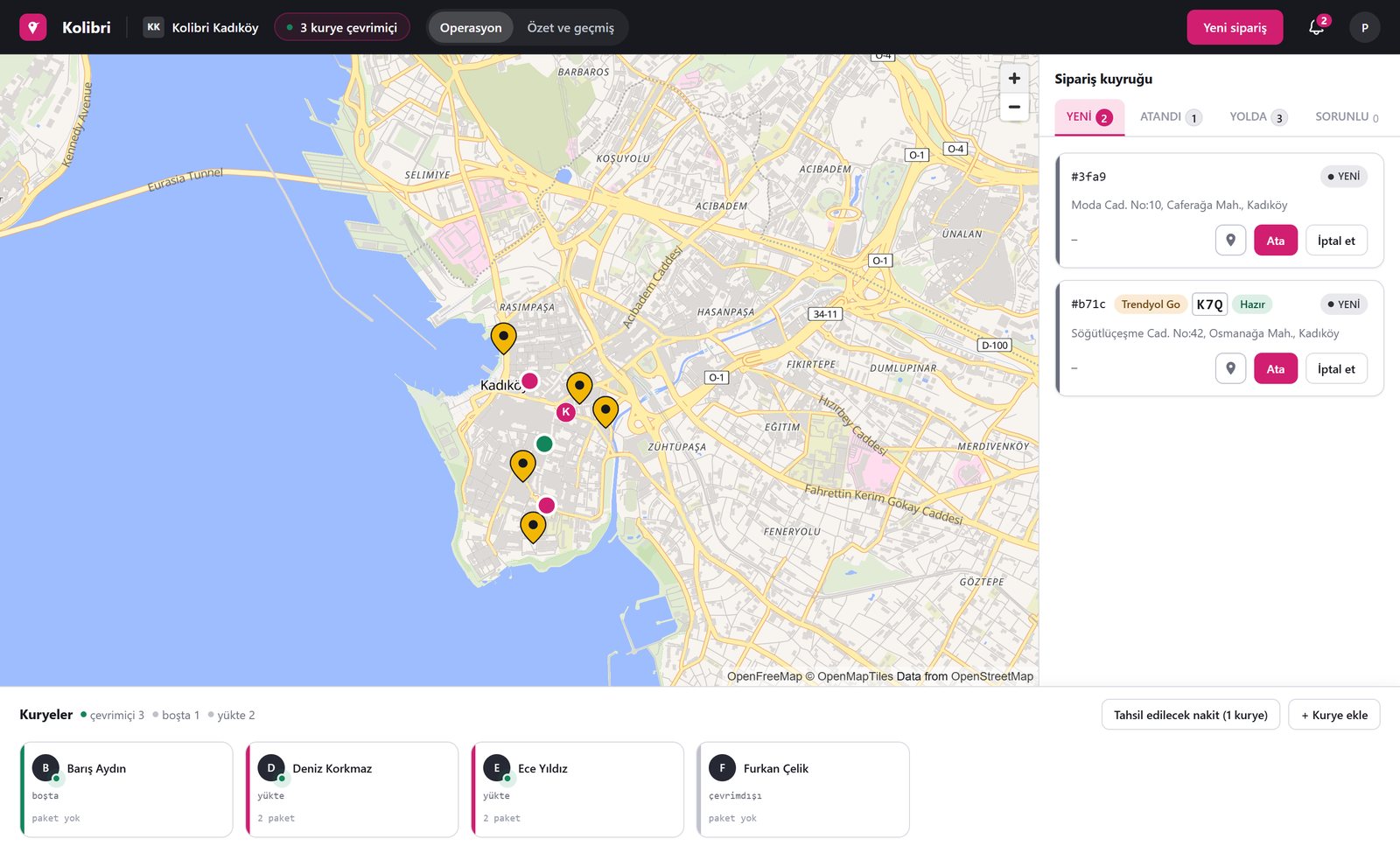 Kolibri operasyon ekranı: İstanbul haritası, sipariş kuyruğu, Trendyol Go siparişi ve kurye listesi